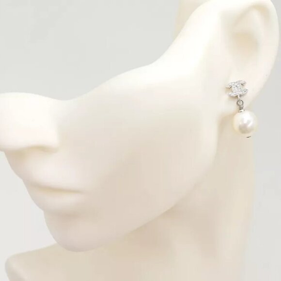 CHANEL CC Logos Rhinestone Pearl Drop Stud Earrings Silver Tone A18V Auth w/Box - Picture 2 of 5